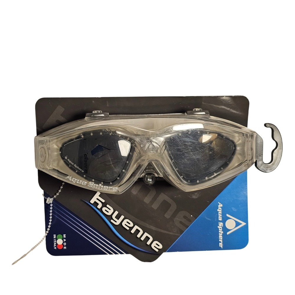 Aqua Sphere Kayenne Swim Goggles Clear Frame Smoke Lens Made in Italy with Case